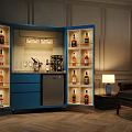 Elegant Blue Liquor Cabinet with Open Glass Doors Displaying Liquor Bottles Glassware and Bartending Tools