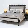 Ornate Black and Beige Double Bed with Soft Linens Pillows and Side Table Lamps