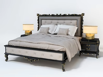 Ornate Black and Beige Double Bed with Soft Linens Pillows and Side Table Lamps 3d model