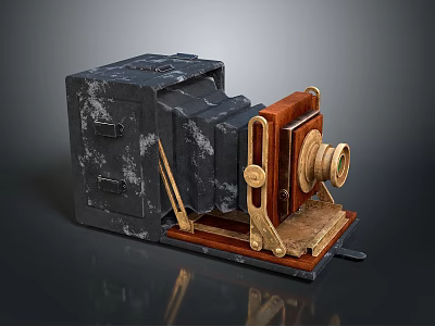 Vintage Wooden And Metal Box Camera Classic Design With Old Fashioned Lens 3d model