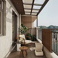 Modern Home Balcony Design With White Chair Wooden Lattice Railing Green Plants And Mountain View