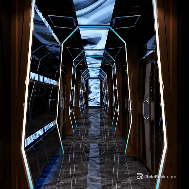 Modern KTV Corridor Interior With Mirrored Walls And Stylish Lighting 3d model 