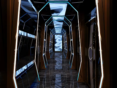 Modern KTV Corridor Interior With Mirrored Walls And Stylish Lighting 3d model