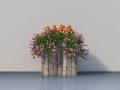Decorative Potted Plant In Wooden Planter With Orange And Pink Flowers And Green Leaves 3d model