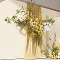 Elegant Curved Backdrop Decorative Scene With Beige Drapes Yellow White Flowers And Green Plants