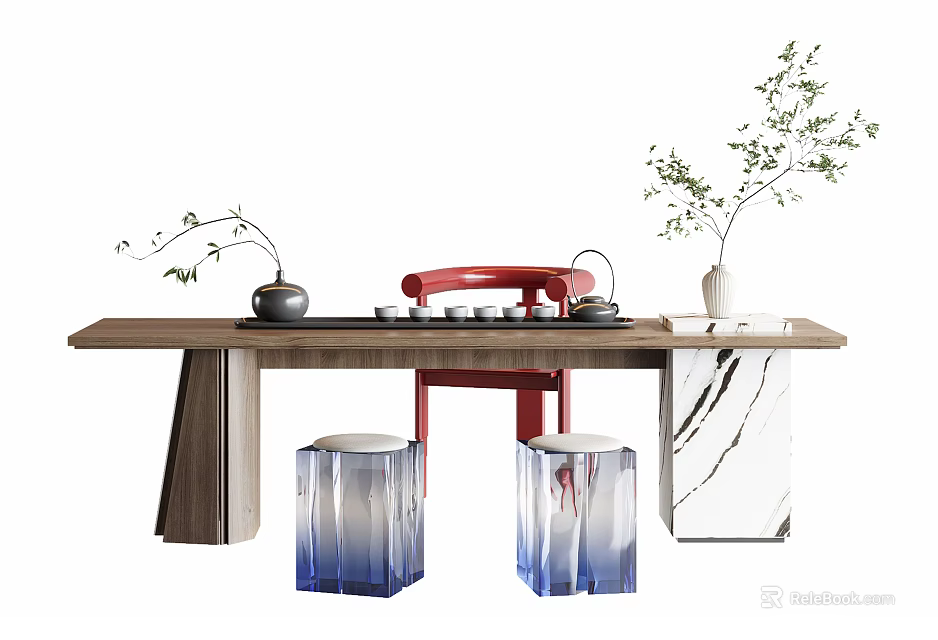 Stylish Tea Table Set With Red Chair Blue Gradient Stools And Decorative Vases 3d model