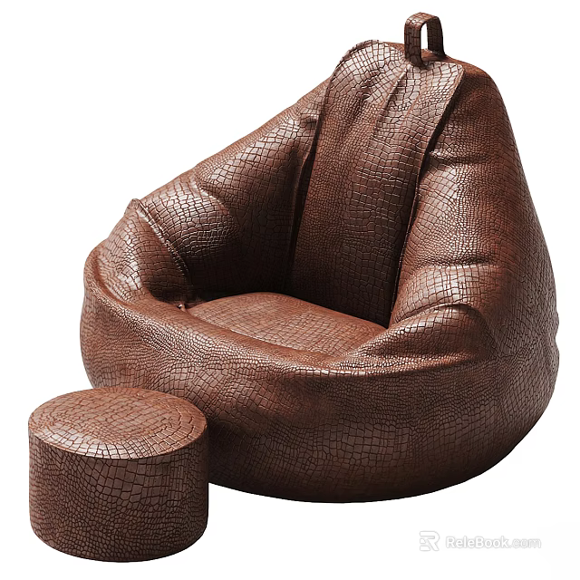 Brown Crocodile Texture Bean Bag Chair With Matching Round Ottoman For Living Room 3d model 