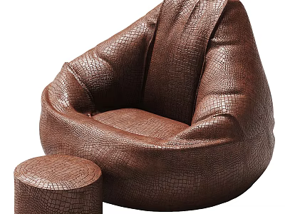 Brown Crocodile Texture Bean Bag Chair With Matching Round Ottoman For Living Room 3d model