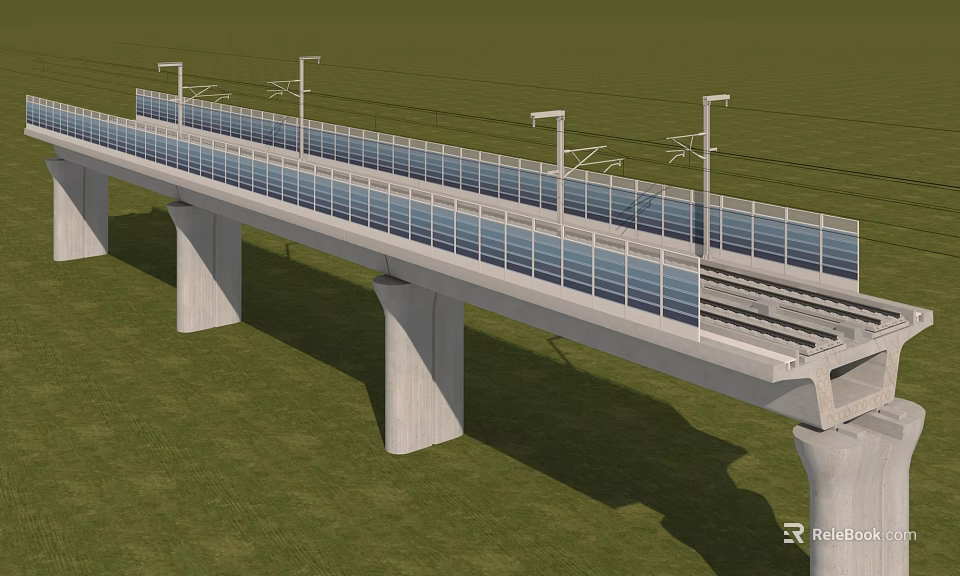 Elevated Modern Railway Bridge With Glass Guardrails Rail Tracks And Grassland Background 3d model 