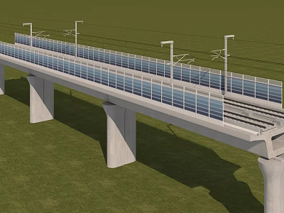 Elevated Modern Railway Bridge With Glass Guardrails Rail Tracks And Grassland Background 3d model