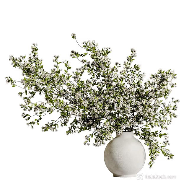 Fresh White Vase With Natural White Small Flowers And Green Leaves On White Background 3d model 