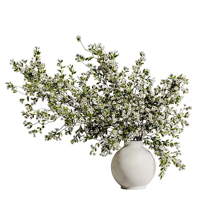 Fresh White Vase With Natural White Small Flowers And Green Leaves On White Background 3d model