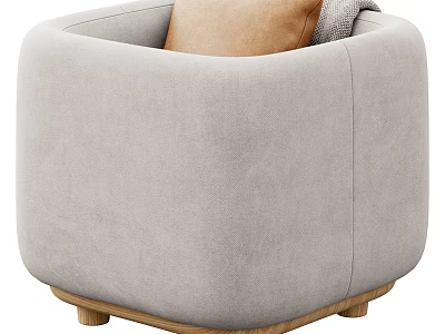 Light Gray Upholstered Ottoman with Brown Pillow and Wooden Legs Modern Design 3d model