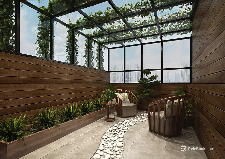 Villa Balcony With Glass Roof Climbing Plants Pebble Path Wooden Walls And City View 3d model 