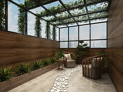 Villa Balcony With Glass Roof Climbing Plants Pebble Path Wooden Walls And City View 3d model