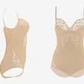 Beige Women's Fitted Bodysuit with Delicate Lace Details and Embroidery Design