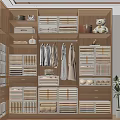 Organized Wooden Wardrobe Interior With Hanging Clothes Folded Storage Boxes Drawers And Decorative Teddy Bear