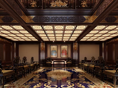 Chinese Style Grand Hall With Wooden Carved Ceiling Symmetric Seats And Floor Pattern Paintings 3d model