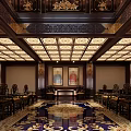 Chinese Style Grand Hall With Wooden Carved Ceiling Symmetric Seats And Floor Pattern Paintings