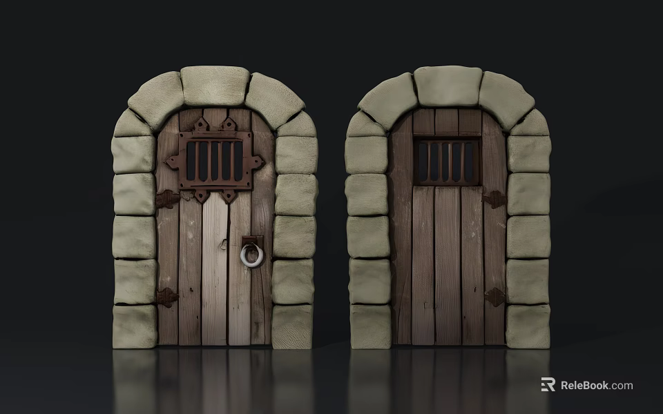 Wooden Swing Doors With Stone Frame And Metal Decorative Elements 3d model 