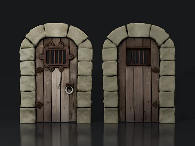 Wooden Swing Doors With Stone Frame And Metal Decorative Elements 3d model