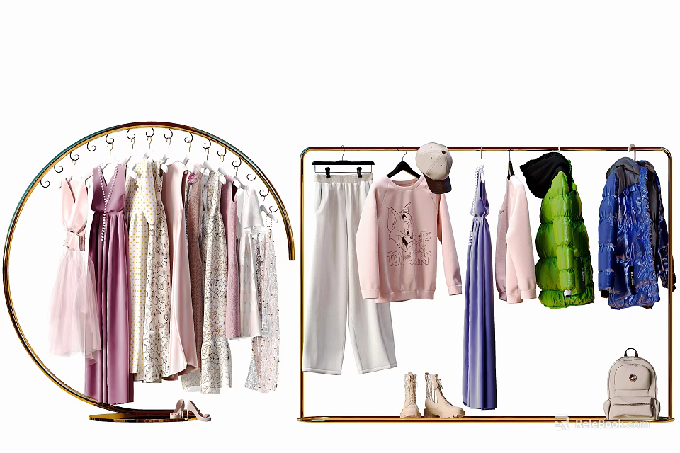 Stylish Clothes Display With Dresses Coats And Accessories 3d model 