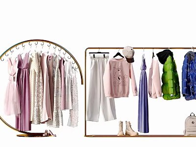 Stylish Clothes Display With Dresses Coats And Accessories 3d model
