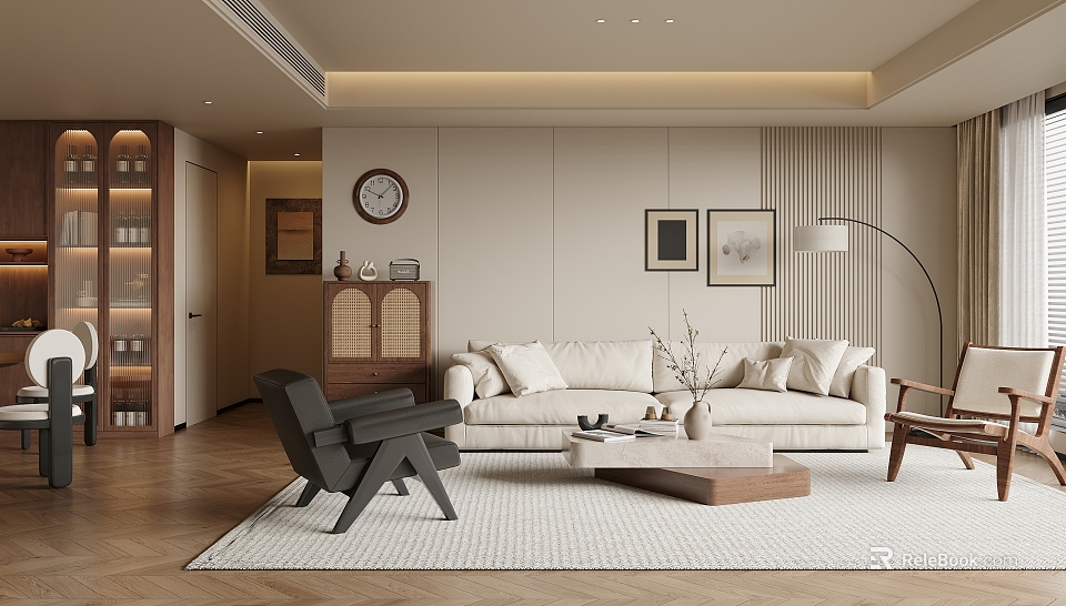 Modern Elegant Living Room Interior Featuring Beige Sofa Black Armchair Rug Floor Lamp Decorative Items 3d model 