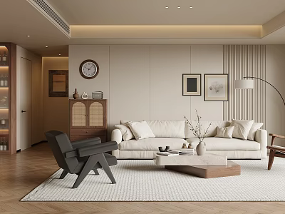 Modern Elegant Living Room Interior Featuring Beige Sofa Black Armchair Rug Floor Lamp Decorative Items 3d model