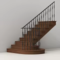 Wooden Staircase With Black Iron Railing And Decorative Ornate Details On White Wall Background