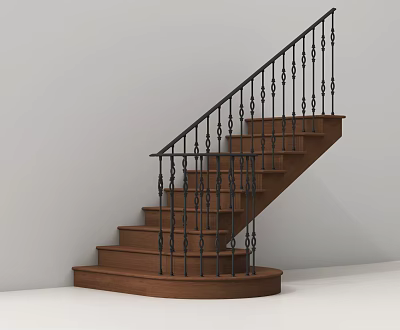 Wooden Staircase With Black Iron Railing And Decorative Ornate Details On White Wall Background 3d model