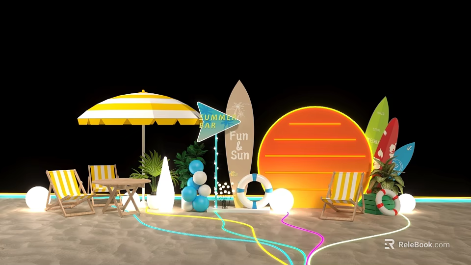 Summer Beach Fun Setup With Yellow Striped Umbrella Beach Chairs Surfboards Neon Sun Balloons Colorful Lights 3d model 