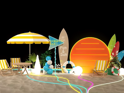 Summer Beach Fun Setup With Yellow Striped Umbrella Beach Chairs Surfboards Neon Sun Balloons Colorful Lights 3d model