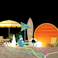 Summer Beach Fun Setup With Yellow Striped Umbrella Beach Chairs Surfboards Neon Sun Balloons Colorful Lights