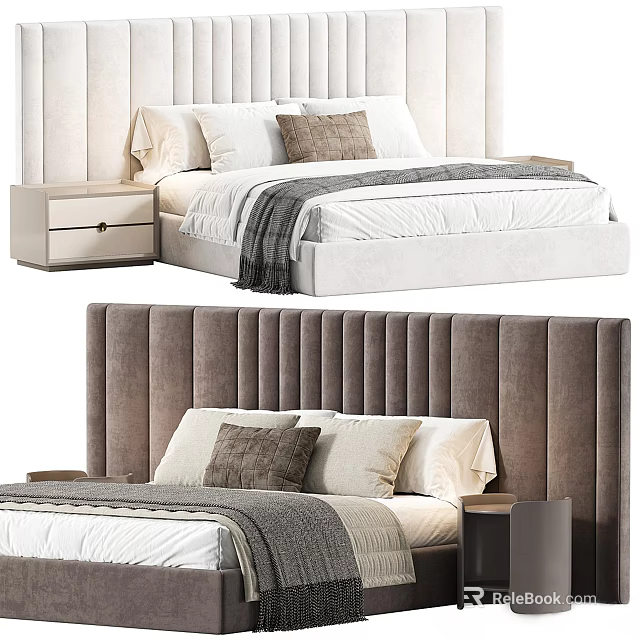 Modern Double Bed With Upholstered Headboard Plush Pillows Soft Linens And Bedside Tables 3d model 
