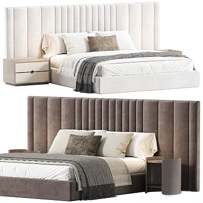 Modern Double Bed With Upholstered Headboard Plush Pillows Soft Linens And Bedside Tables 3d model
