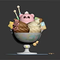 Colorful Ice Cream Sundae With Pink Bear Decoration Cookies And Candy Toppings In Pastel Bowl