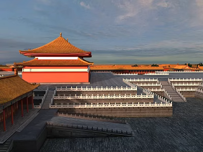 Traditional Red Wooden Swing Door In Ancient Palace Courtyard With Yellow Tiles And Stone Railings 3d model