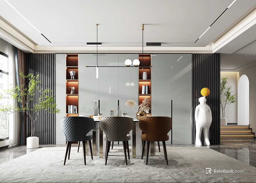 Modern Restaurant Interior with Dining Table Chairs Pendant Lights Decorative Shelves and Sculpture Plant 3d model 