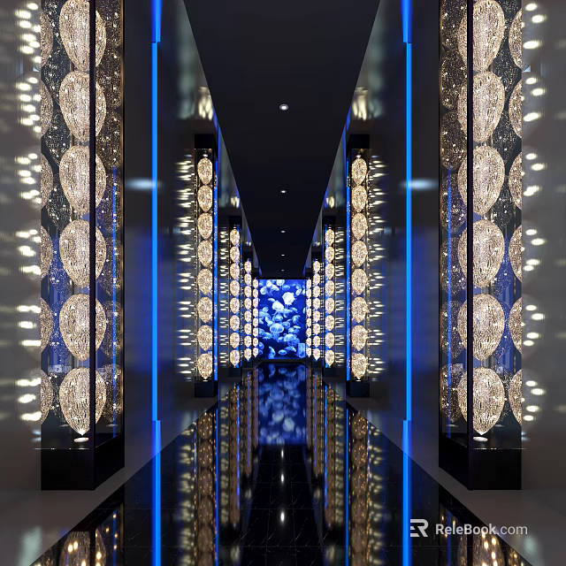 KTV Corridor with Crystal Decorated Pillars Blue Lighting and Mirrored Floor Light Reflections 3d model 