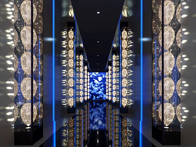 KTV Corridor with Crystal Decorated Pillars Blue Lighting and Mirrored Floor Light Reflections 3d model