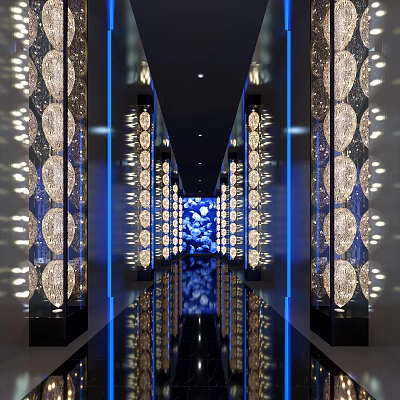 KTV Corridor with Crystal Decorated Pillars Blue Lighting and Mirrored Floor Light Reflections 3d model