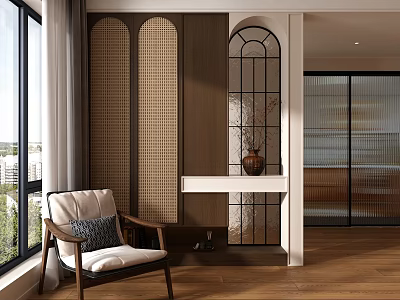 Stylish Entryway Interior With Arched Walls Glass Window White Console Table Vase And Wooden Chair 3d model