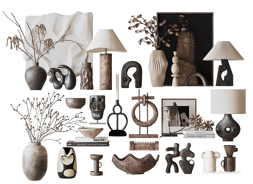 Elegant Decorative Ornament Set With Vases Sculptures Lamps And Art Pieces 3d model 