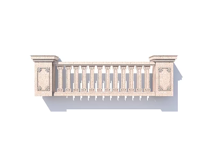 Classical Stone Fence With Carved Pillars And Vertical Rail Design 3d model