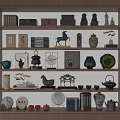 Decorative Ornament Collection With Ceramic Vases Teapots Horse Figurine Plates And Books On Wooden Shelf