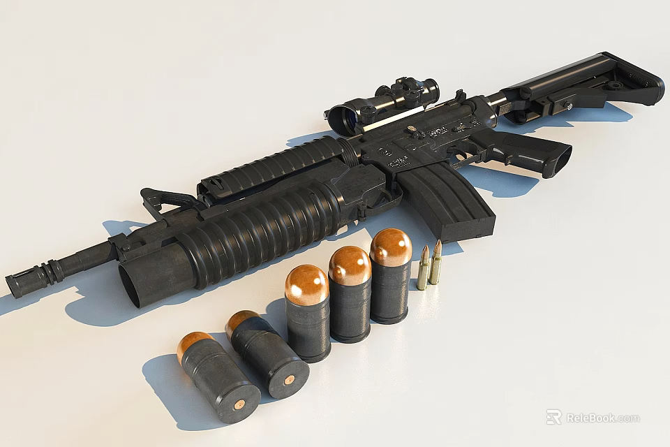 Modern Tactical Rifle With Scope And Copper Head Bullets On White Surface 3d model 