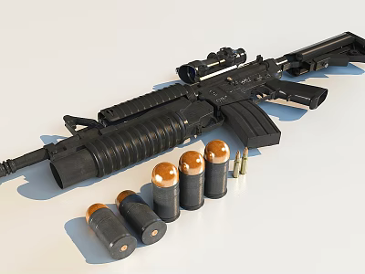 Modern Tactical Rifle With Scope And Copper Head Bullets On White Surface 3d model