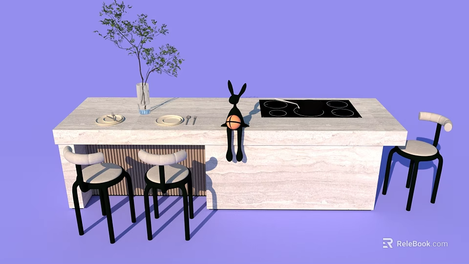 Kitchen Island With Black Rabbit Decor Stools Plant Vase And Purple Background 3d model 