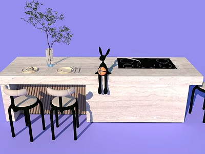 Kitchen Island With Black Rabbit Decor Stools Plant Vase And Purple Background 3d model